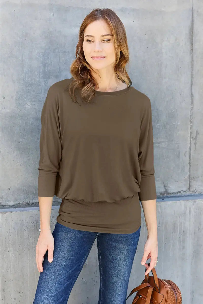Basic Bae Full Size Round Neck Batwing Sleeve Top for Women - Love Salve